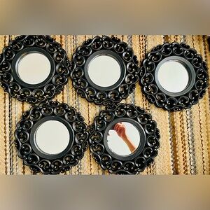 Mirror wall decor- 5 pieces - black and gold tones-frames plastic, mirrors glass